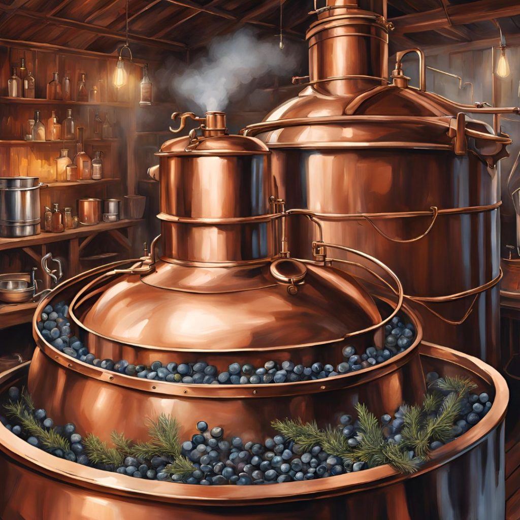 Juniper berries in gin production at a distillery