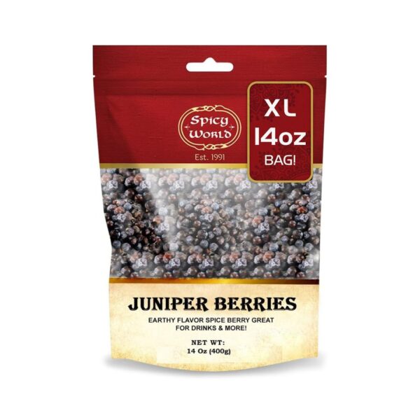 Spicy World Whole Juniper Berries 14oz - Front view of the product bag.