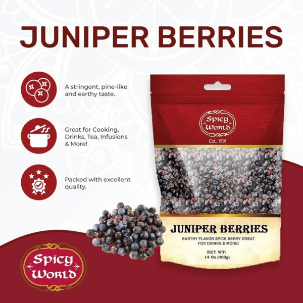 Spicy World Whole Juniper Berries resealable bag for freshness.