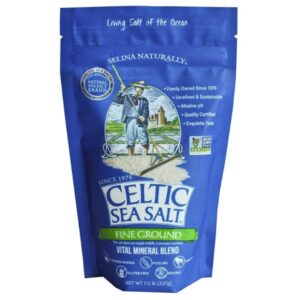 Fine ground Celtic Sea Salt in an 8 oz resealable bag.