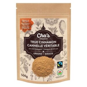 CHA'S Organic Ground Cinnamon 500g pack for cooking and baking.
