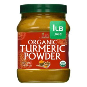 Jiva Organics Organic Turmeric Powder, 1 lb jar with 100% raw, high curcumin, lab-tested quality.