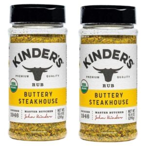 Two jars of Kinder's Organic Buttery Steakhouse Rub, 10.4 oz each.