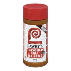 Front view of Lawry's Seasoned Salt 450g bottle, showcasing its iconic red cap and bold label design.