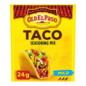 Pack of Old El Paso Mild Taco Seasoning Mix, 24g, on a kitchen counter.