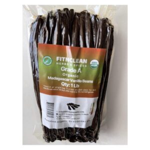 Organic Madagascar Vanilla Beans 16oz displayed in a premium resealable pouch.