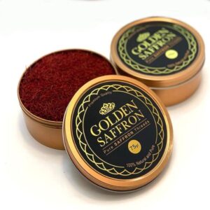 Premium Grade A+ golden saffron threads displayed in a wooden spoon for culinary use.