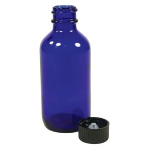 Six cobalt blue Boston round glass bottles, each holding 2 ounces, ideal for storing liquids and solids.
