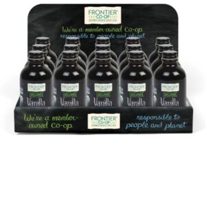 Holiday-themed display featuring 15 bottles of Frontier Co-op® Organic Pure Vanilla Extract, perfect for holiday baking.