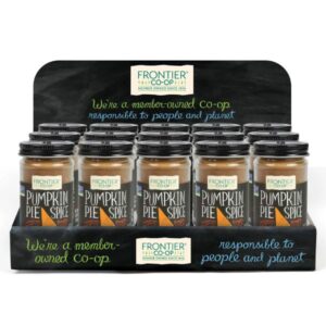 15-bottle countertop display of Frontier Co-op® Pumpkin Pie Spice Blend (#19086), Kosher certified.