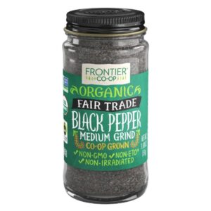 Organic Fair Trade Black Peppercorns in medium grind by Frontier Co-op, a sustainable and kosher-certified spice option."