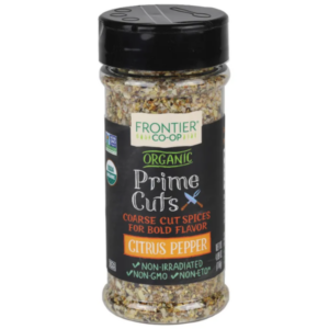 Front of the jar showcasing Frontier Co-op® Organic Citrus Pepper Blend in recyclable plastic packaging.