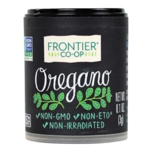 Frontier Co-op Oregano, fancy grade cut and sifted, packaged in a 0.03lb container with vibrant green leaves.