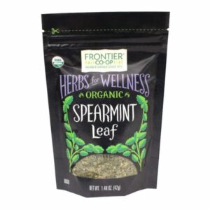 Organic Spearmint Leaf in reclosable packaging, perfect for making tea and smoothies.
