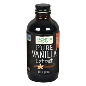 Frontier Co-op Pure Vanilla Extract in a 0.65lb glass bottle with a metal cap, showcasing its rich and smooth quality.