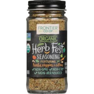 Glass bottle of Frontier Organic Herb-Fest Seasoning Blend with metal cap