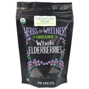 Frontier Co-op® Organic Elderberries, 0.62 lb bag, certified organic and kosher, perfect for wellness teas and culinary dishes.