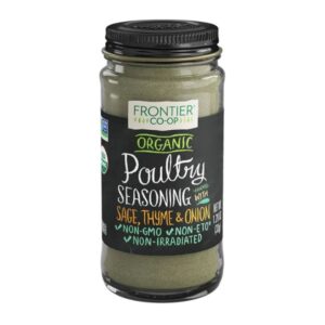 Frontier Co-op Organic Poultry Seasoning Blend in a glass bottle with metal cap