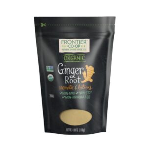 Front of the package of Frontier Co-op® Organic Ground Ginger Root in a recloseable bag