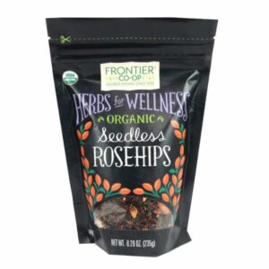 Frontier Co-op Organic Seedless Rosehips in a resealable pouch, perfect for culinary and DIY uses.
