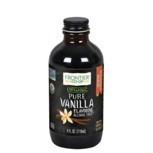 Organic Vanilla Flavoring from Frontier Co-op in a glass bottle with a label showing gluten-free, kosher, and non-irradiated certifications.
