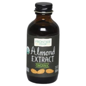 Bottle of Organic Almond Extract from Frontier®, with a glass bottle and metal cap