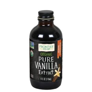 A glass bottle of Frontier Co-op® Organic Pure Vanilla Extract with a metal cap, showcasing premium organic quality.