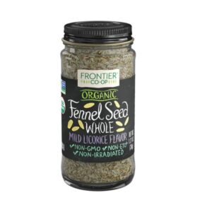 Frontier Organic Whole Fennel Seed Packaging with glass bottle and metal cap.