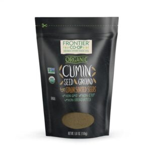 Frontier Co-op Organic Cumin Seed Powder in resealable bag, showcasing its rich, earthy brown color.