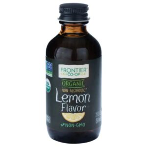 Frontier® Organic Lemon Flavor bottle with a tart citrus aroma, ideal for baked goods, smoothies, and teas.