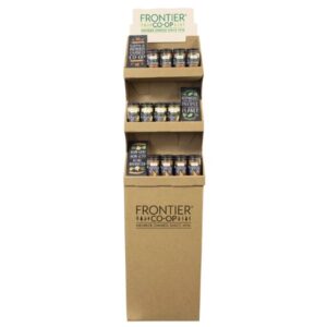 Assorted display of Frontier Co-op organic spices including Ground Korintje Cinnamon, Ground Ginger Root, and Pumpkin Pie Spice Blend.