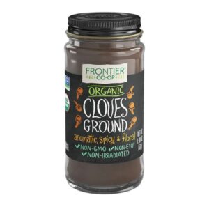 Frontier® Organic Ground Cloves in a jar with vibrant packaging showcasing organic and kosher certifications.