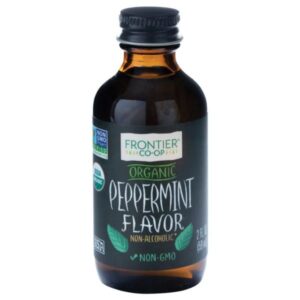 Bottle of Frontier Co-op Organic Peppermint Flavor, 0.15 lb, non-alcoholic, organic, and kosher.