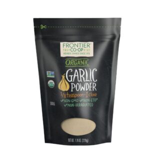 Frontier Organic Garlic Powder in resealable recyclable packaging showcasing its premium quality and organic certification.