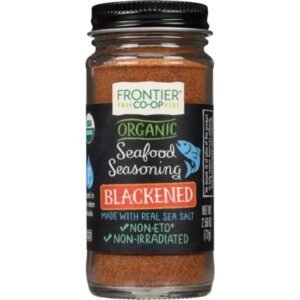Frontier Co-op Blackened Organic Seafood Seasoning jar with ingredients visible.