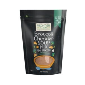 Frontier® Broccoli Cheddar Soup Mix in a recloseable recyclable bag with ingredients listed.