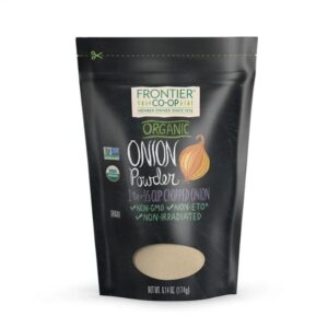Frontier Co-op Organic Onion Powder in a resealable bag, 0.42 lb, showcasing fresh flavor and high quality.
