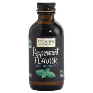 Frontier® Non-Alcoholic Peppermint Flavor packaging with a clear label showing 0.3 lb weight and certifications.