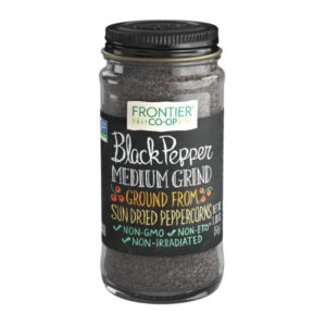 Frontier Co-op Black Pepper medium grind packaging with kosher certification.