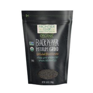 Frontier Co-op Organic Black Pepper in medium grind, front view of resealable 0.45Lb bag with premium Kosher spice label.