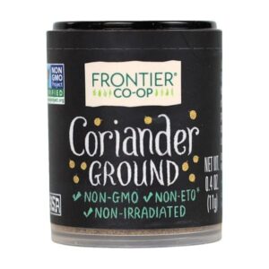 Organic Coriander Powder in its original packaging, labeled as Kosher, Non-Irradiated, and Non-ETO certified.