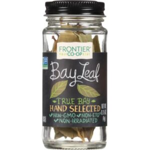 Glass bottle of Frontier Co-op® Bay Leaves with a metal cap, showcasing the packaging of the product.