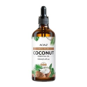 AOAZ Pure Coconut Essence 3.38oz bottle displayed with coconut shells and leaves for skincare and relaxation.