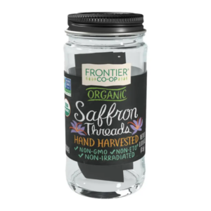 Frontier Co-op® Organic Saffron packaging with a 0.31 lb jar, non-irradiated, and kosher certified.