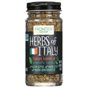 Glass bottle of Classic Italian Herb Blend with a metal cap.