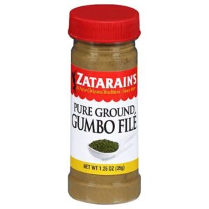 Front view of Zatarain's Pure Ground Gumbo File, 1.25 oz jar – Creole seasoning for gumbo.