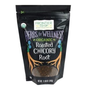 Frontier Co-op Organic Chicory Root Granules in a resealable package, perfect for brewing as a coffee substitute or enhancing coffee flavor.