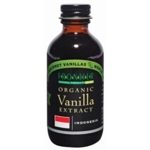 Front view of Frontier Co-op® Organic Indonesia Vanilla Extract in a glass bottle with a metal cap, showcasing the product's premium quality.