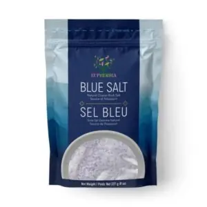 Front view of EUPHERBIA Blue Salt, Coarse, 227g (8 Oz) packaging with high potassium and lower sodium.