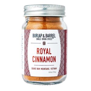 Royal Cinnamon Powder in a 1.8oz glass jar, showcasing its intense sweetness and spiciness.